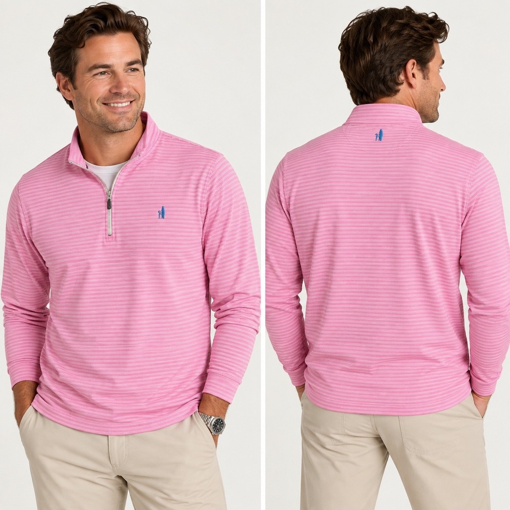 johnnie-O Vaughn Mens L Pink Striped 1/4 Zip Pullover JMK01890 Taffy